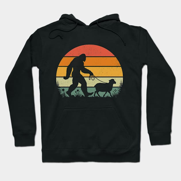 Bigfoot Walking a Sheep Retro Sunset Farm Animal Lover Hoodie by Cuteness Klub